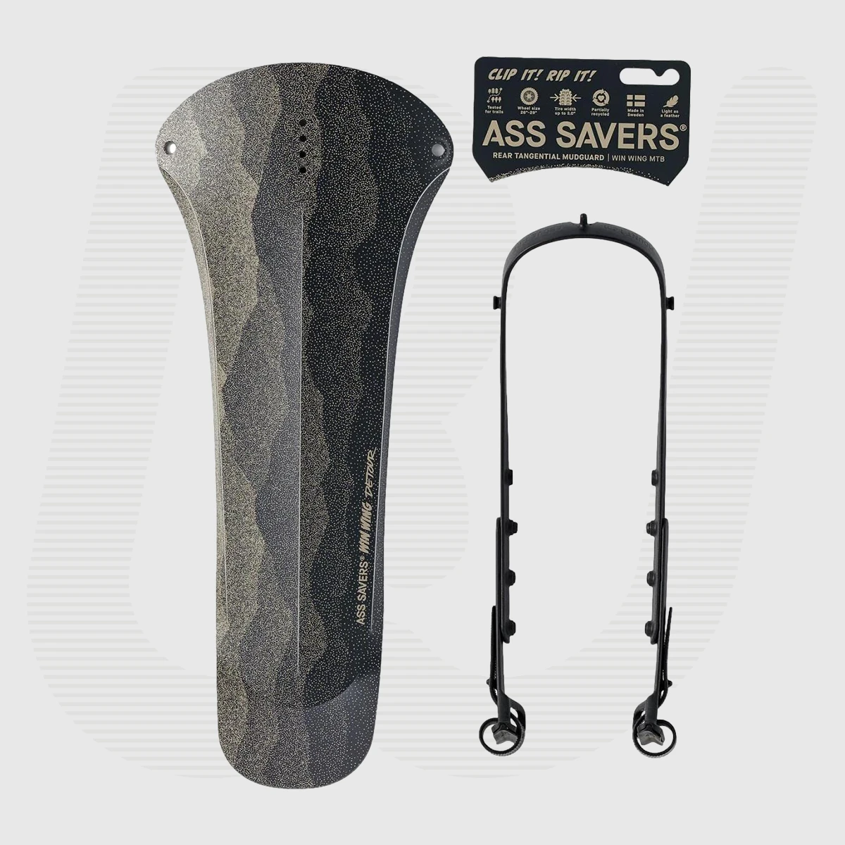 ASS SAVERS Win Wing MTB – ultralekki błotnik tylny do rowerów MTB (26–29"), pasuje do opon 3.0", montaż bez narzędzi, odporność Anti-Jam, wishbone z włóknem szklanym, produkcja w Szwecji, z materiałów z recyklingu.